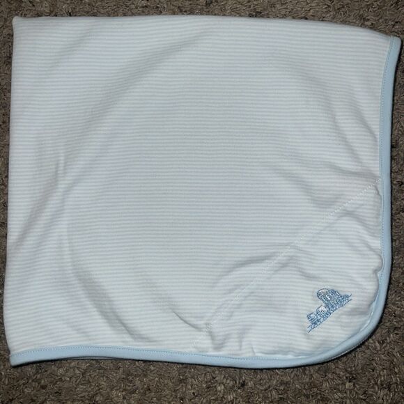 Little Me Train Choo Choo Baby‎ Blanket Blue White Stripes Striped 30”x26” - Picture 6 of 6